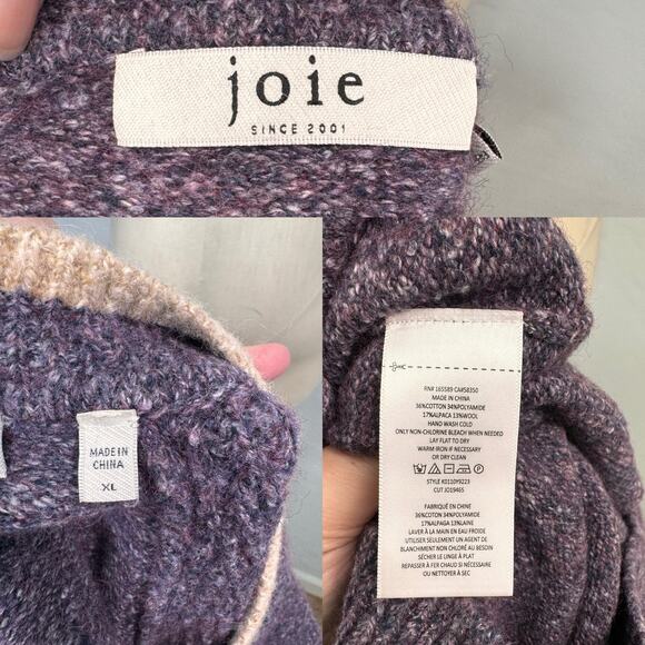 Joie Bishop Sleeve Sweater Purple Cream Alpaca Warm Preppy Boho Casual Size XL - Picture 7 of 8